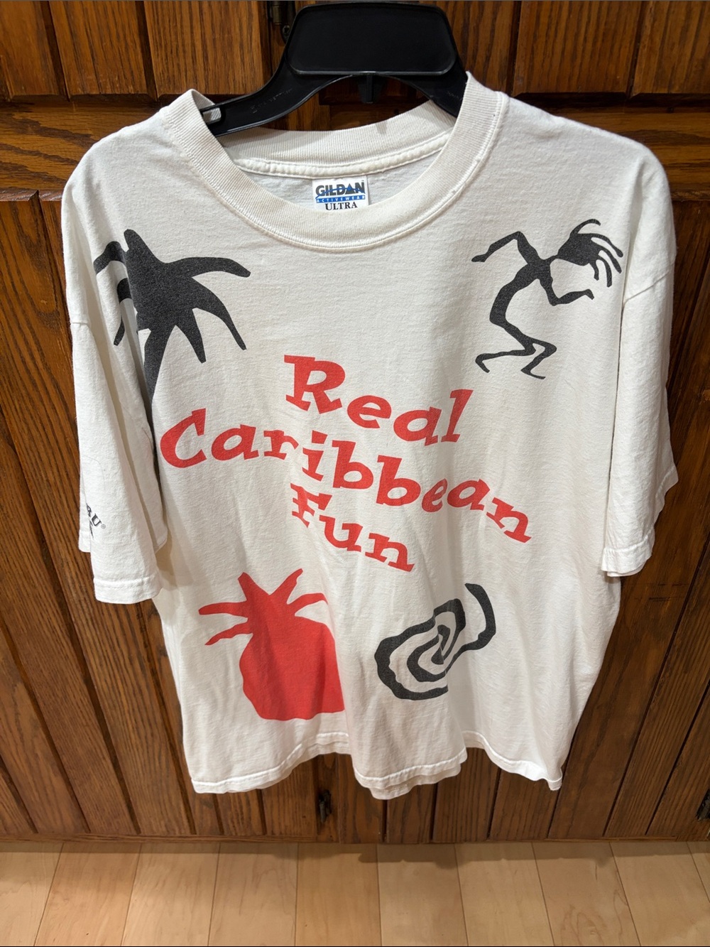 Gildan White Men Tee with Red & Black 'Real Caribbean Fun' Graphic Size XL